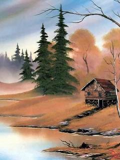 绘画中的湖边小屋240×320手机图片