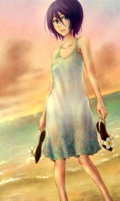沙滩上穿碎花长裙的露琪亚唯美480×800手机壁纸