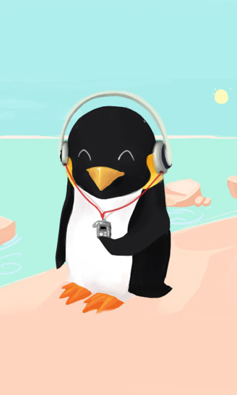戴着耳机听歌的小企鹅卡通480×800手机壁纸下载