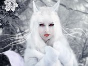 红色眼睛，银白色头发的狐妖640×480手机壁纸