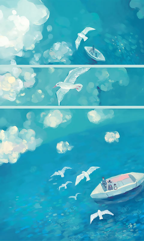 静谧安静的蓝色海洋上的海鸥和小船插画手机壁纸