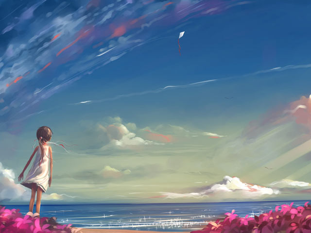断线的风筝，海边小女孩失落的背影640×480手机壁纸