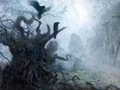 诡异绘画，墓地枯树上的乌鸦640×480手机壁纸图片