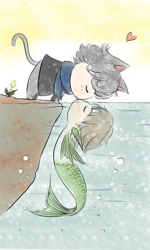 拟人的猫和鱼在水边亲吻480×800手机壁纸图片