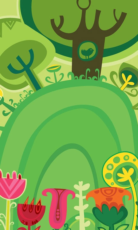 生机勃勃，绿色的森林卡通画480×800手机壁纸图片
