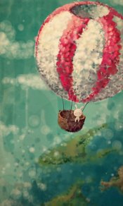 小兔子坐在红白热气球在天上看风景480×800手机壁