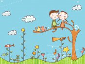 卡通绘画，男孩和女孩坐在树上欢声笑语的手机壁纸图片