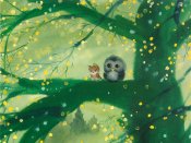小黄花的大树上的小猫和猫头鹰绘画图片手机壁纸