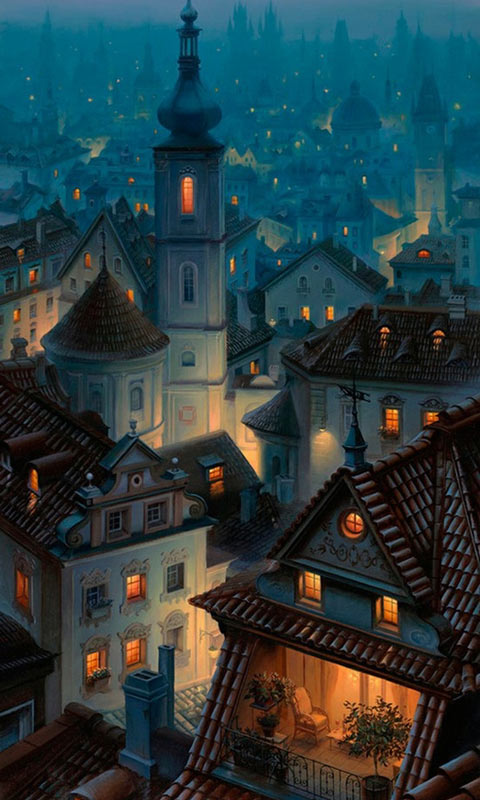 入夜时亮起万家灯火的欧洲城市夜景绘画手机壁纸