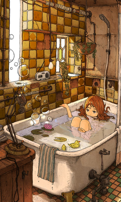 坐在浴缸里泡澡的小女孩，外国插画手机壁纸图片