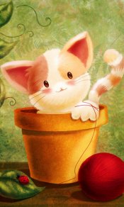 花盆里的猫和毛线团可爱绘画手机壁纸图片下载