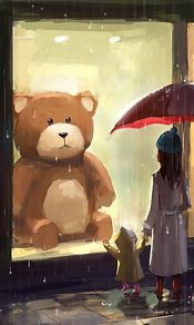 雨天时，妈妈撑着伞带孩子看橱窗里的大熊手机壁纸