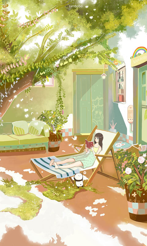 躺在院子里一边晒太阳一边看书的女孩手机壁纸图片