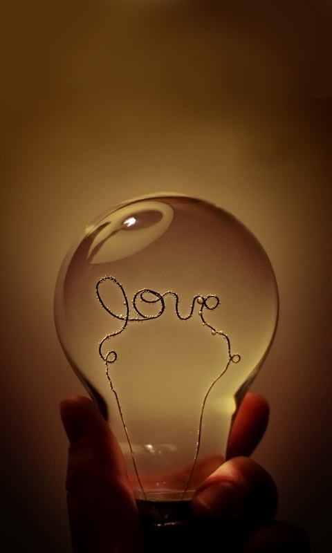 充满水的透明灯泡里LOVE形的灯丝浪漫手机壁纸图片