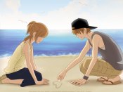 高桥七美和矢野元晴在沙滩上画心的爱情手机壁纸下载