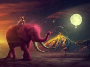 夜色里，女孩骑在大象上，把月亮当气球放飞的创意手机壁纸