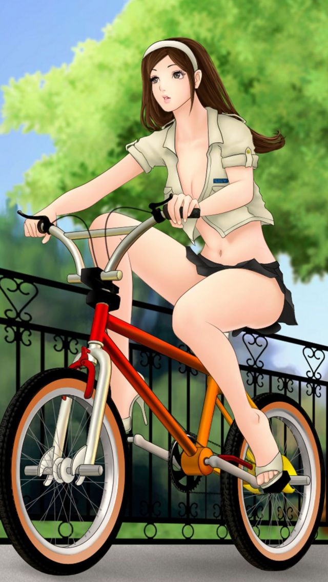短裙大白腿性感露脐美女清凉自行车单人骑行手机壁纸图片