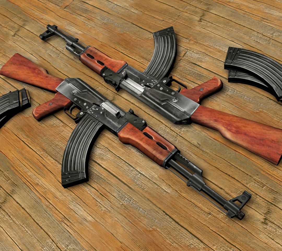 木地板上的两把AK47和弹匣，1080p手机壁纸图片