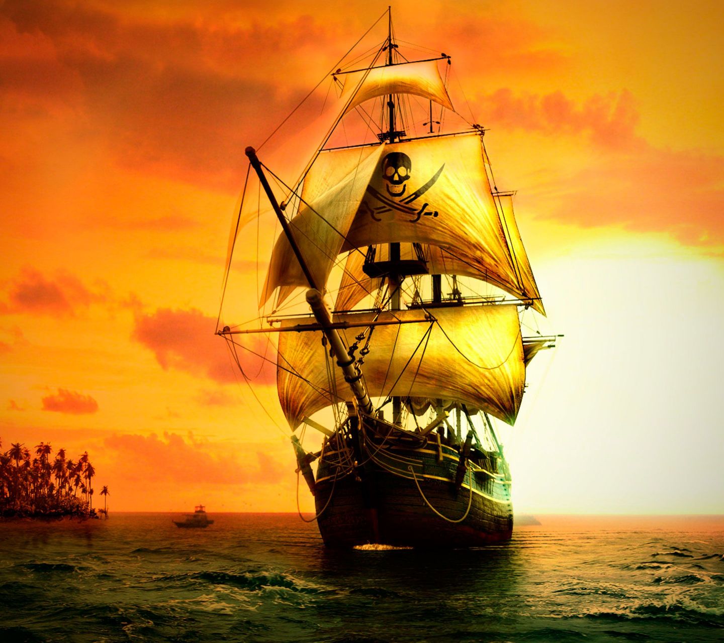 落日余晖下，海边停靠的白帆海盗船1080手机壁纸图片下载