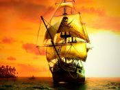 落日余晖下，海边停靠的白帆海盗船1080手机壁纸