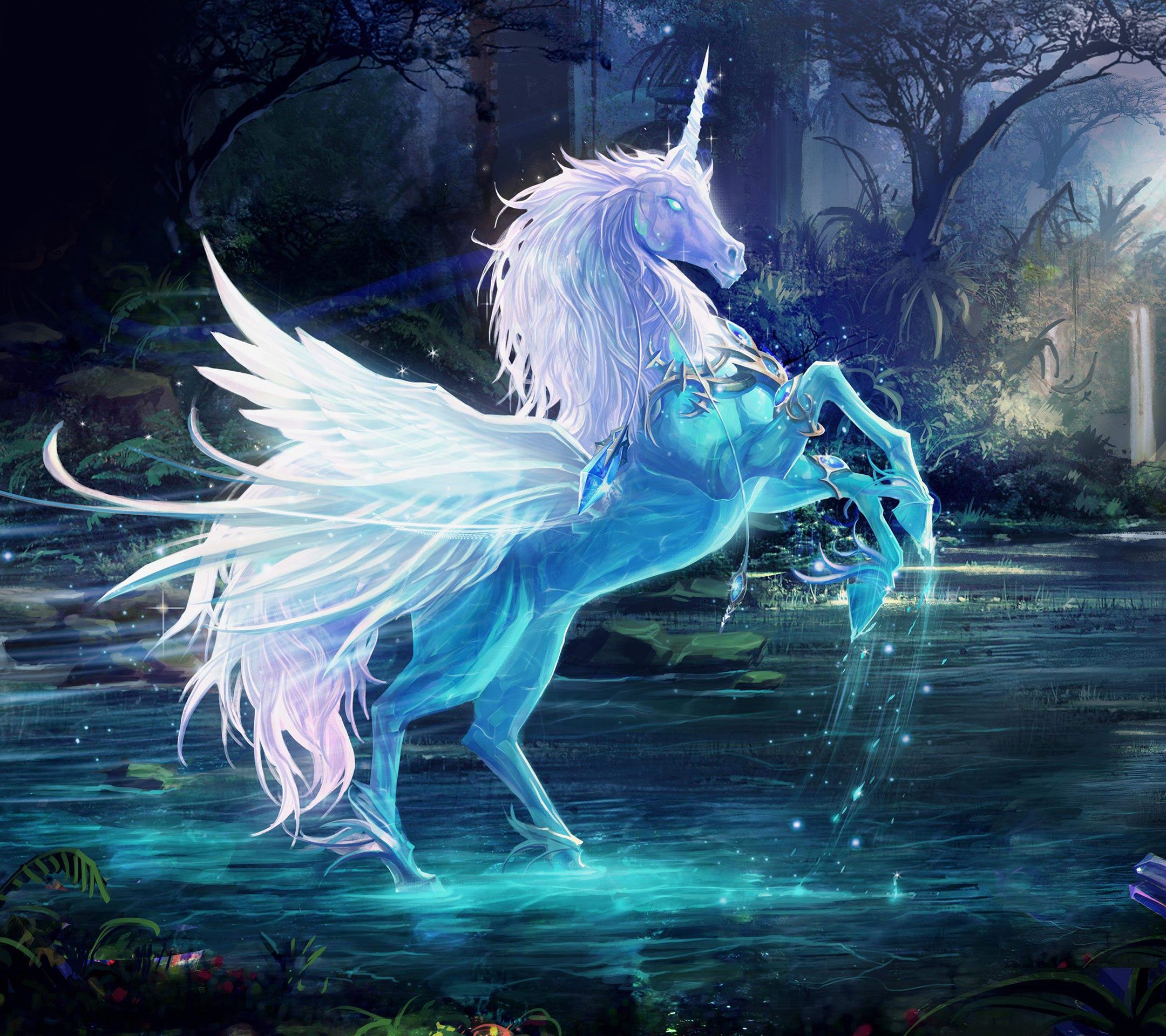 长着翅膀，身上发光抬起前脚的独角兽梦幻高清手机壁纸图片