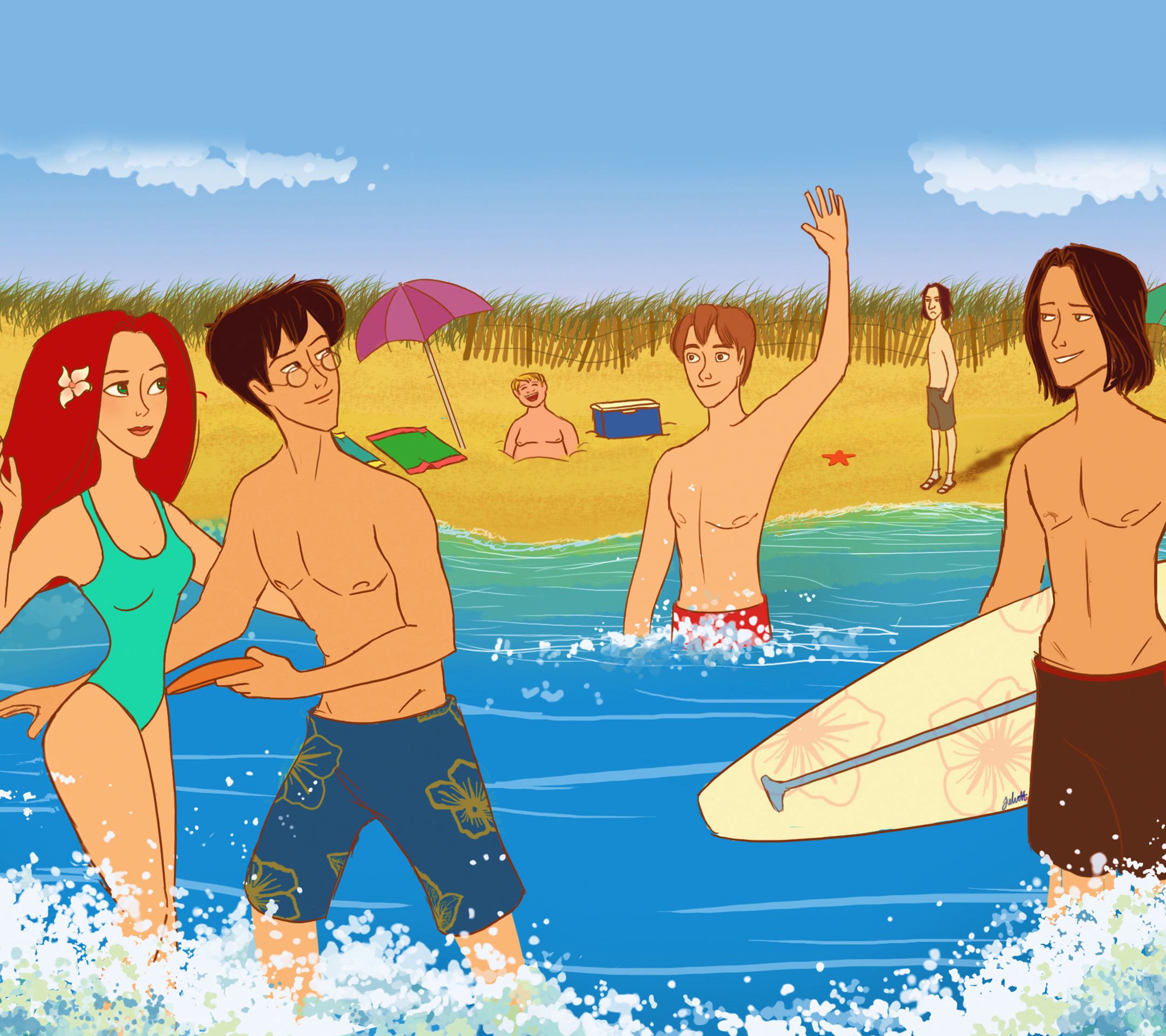 年青男女们在海边沙滩度假休闲嬉戏手机壁纸1080图片