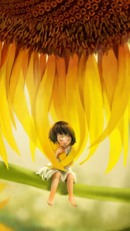 巨大向日葵和小女孩温馨手机壁纸图片