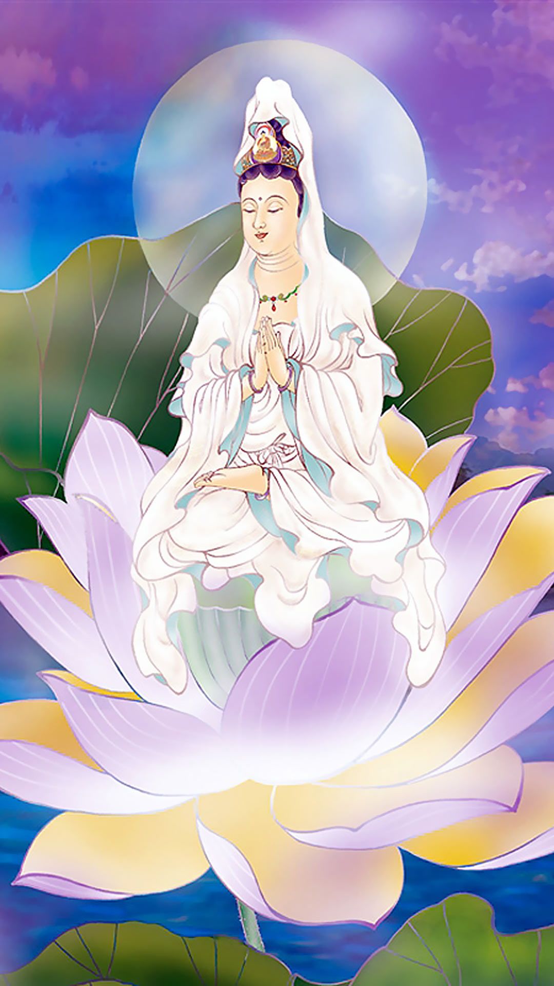 中国水彩风格典雅莲花观世音菩萨（观音）高清手机壁纸图片