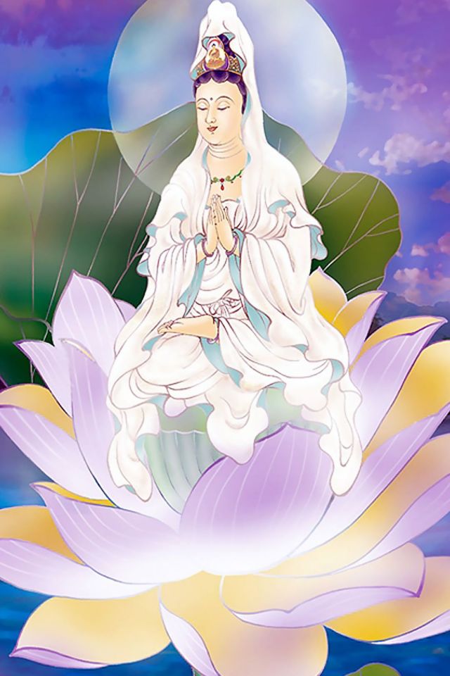 中国水彩风格典雅莲花观世音菩萨（观音）高清手机壁纸图片