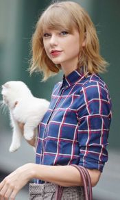 抱着白猫的泰勒·斯威夫特(Taylor Swift)蓝格子衬衫可爱手机壁纸