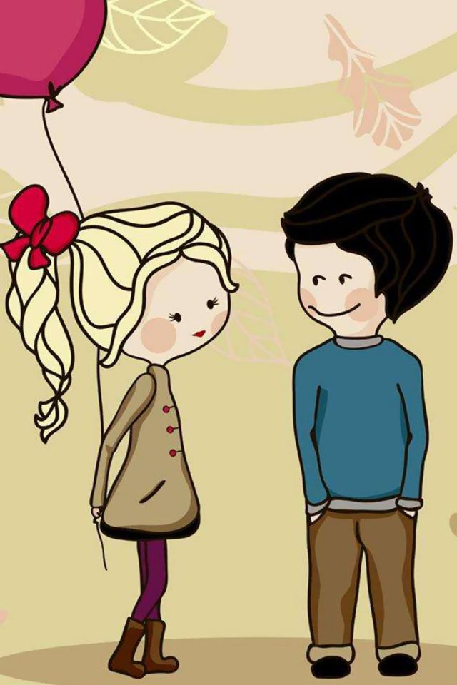 牵着气球的卡通情侣图片手机壁纸下载