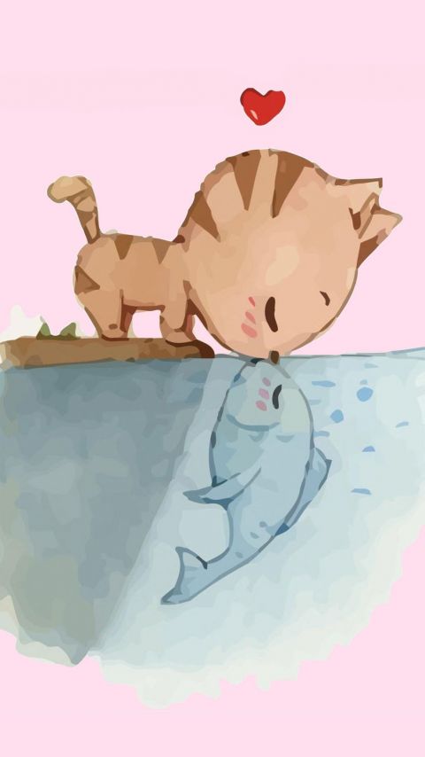 猫和鱼亲嘴,可爱猫吻鱼的图片手机壁纸下载