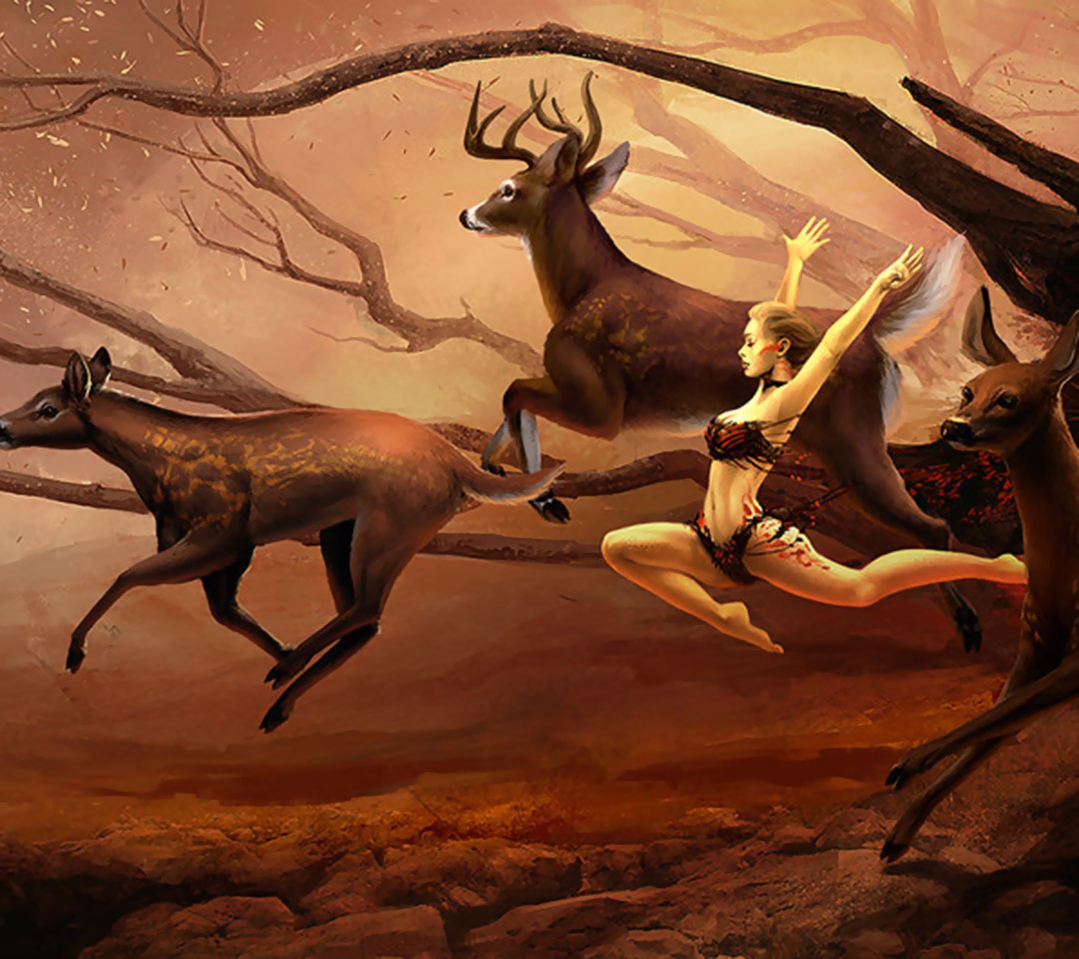 艺术绘画，比基尼美女和奔跑的鹿群手机壁纸背景