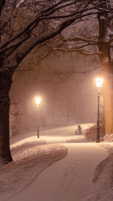 下着雪的冬夜里，两盏路灯点亮弯曲雪白的小路手机壁纸图片