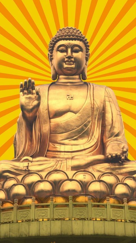 超高清金身会发光的如来佛祖释迦牟尼坐像手机壁纸图片