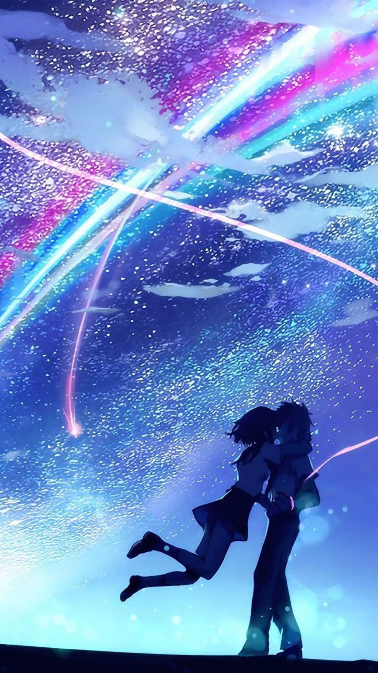 你的名字立花和三叶在梦幻星空下抱在一起的手机壁纸图片