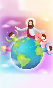 绘画卡通耶稣和孩子们，基督教壁纸手机壁纸高清1080下载