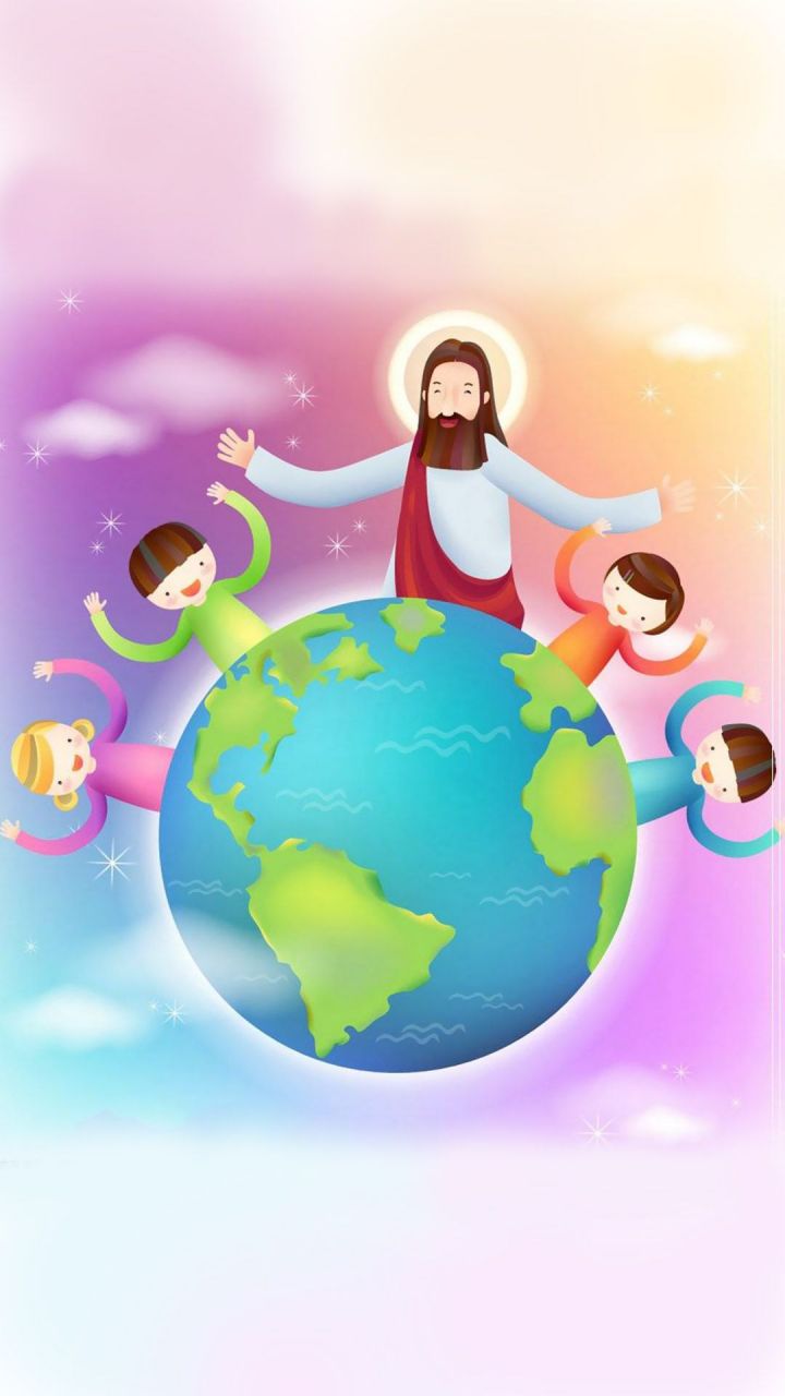 绘画卡通耶稣和孩子们，基督教壁纸手机壁纸高清1080下载