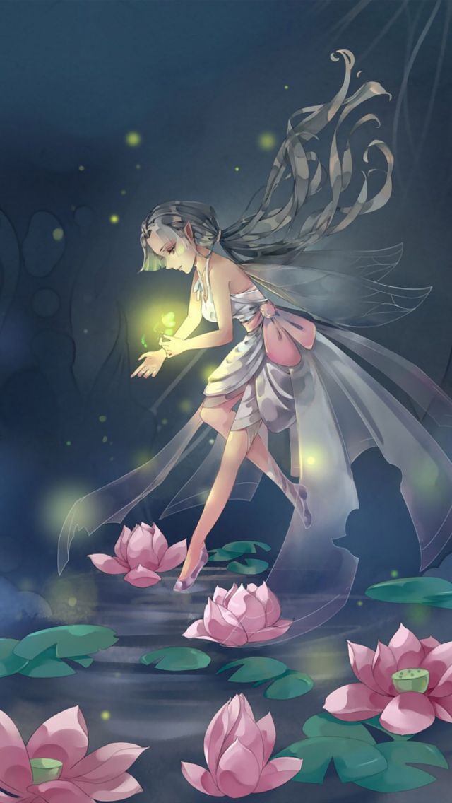 夏天长着荷花的池塘，空中的精灵和萤火虫手机壁纸图片