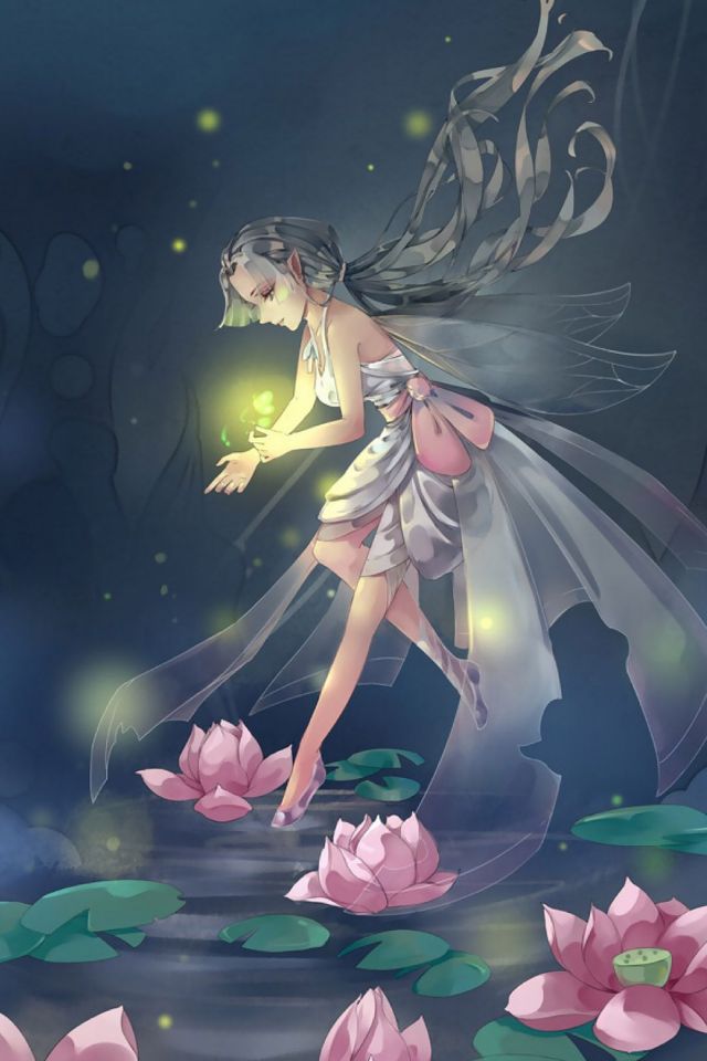 夏天长着荷花的池塘，空中的精灵和萤火虫手机壁纸图片