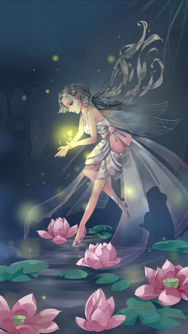 夏天长着荷花的池塘，空中的精灵和萤火虫手机壁纸图片