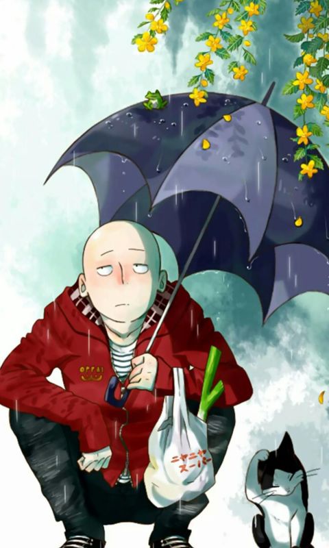 撑伞的圆脸埼玉老师下雨天和猫手机壁纸图片
