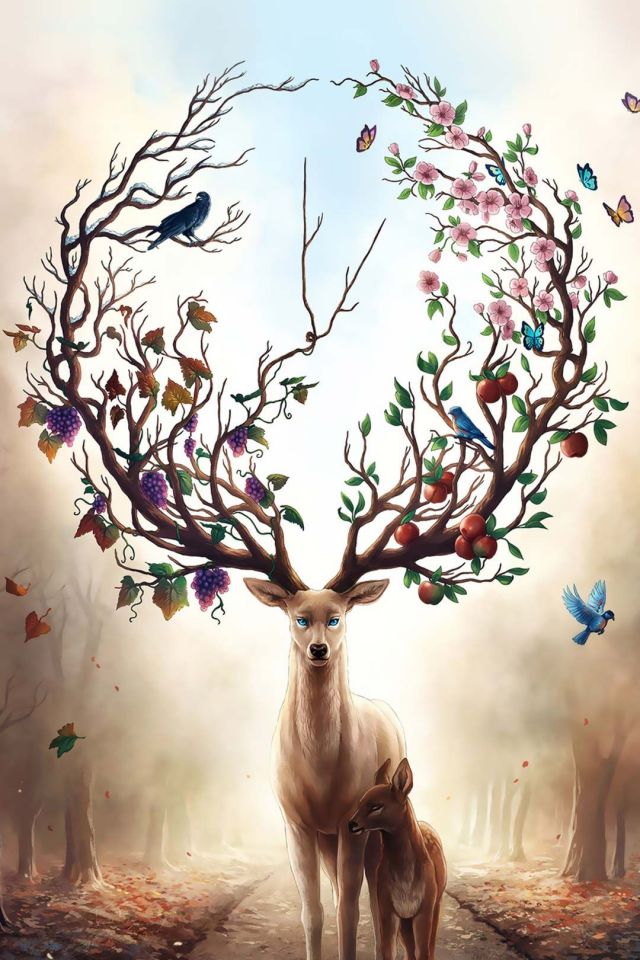 长满果实停着鸟，鹿角变成大树枝像森林一样的创意绘画手机壁纸