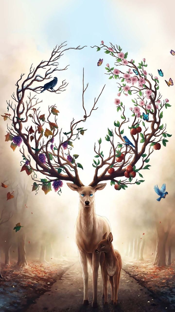 长满果实停着鸟，鹿角变成大树枝像森林一样的创意绘画手机壁纸