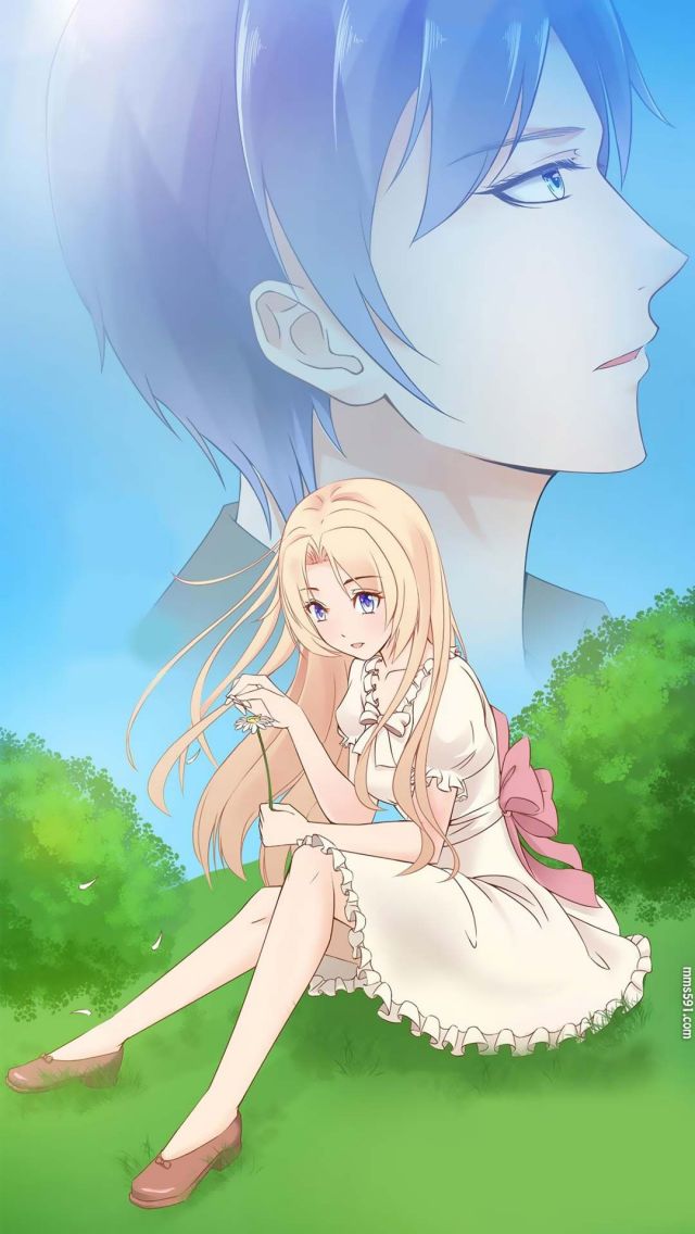 米多坐在草地上数花瓣恋爱手机壁纸图片