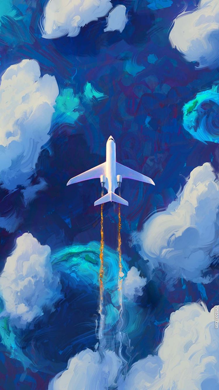 平静白云上飞过的客机，蓝白色纯净绘画手机壁纸图片