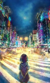 绚丽的城市灯光下，女孩等人的孤单身影绘画图片手机壁纸