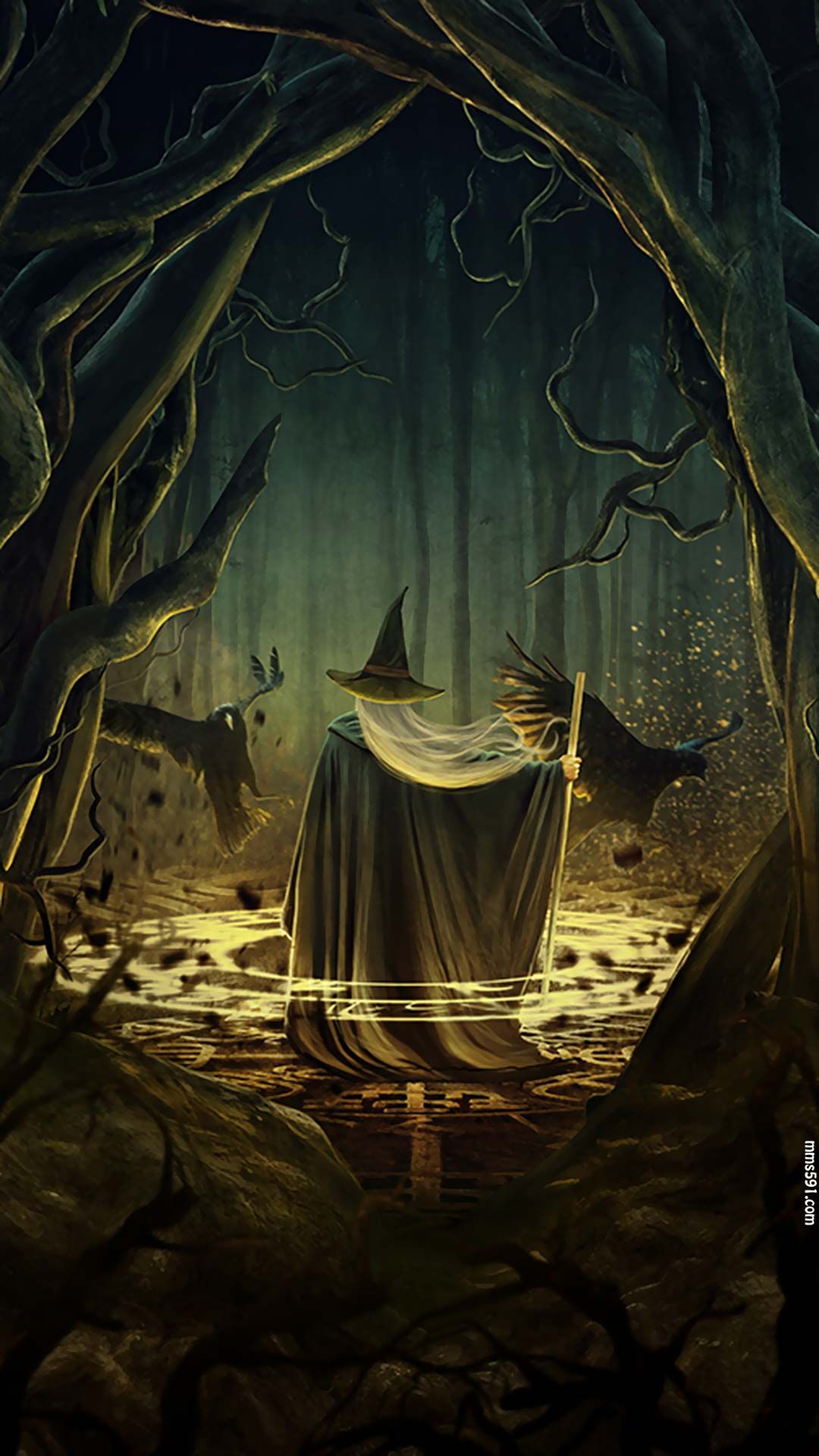 尖帽男巫师在幽暗的森林中施展法术的诡异神秘手机壁纸图片