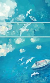 静谧安静的蓝色海洋，海鸥和小船插画手机壁纸