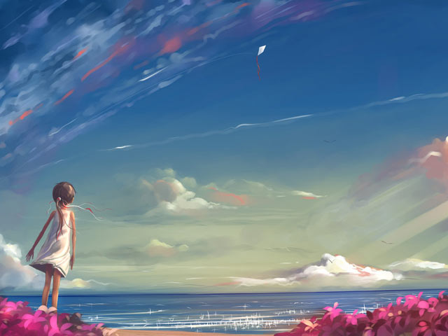断线的风筝，海边小女孩失落的背影640×480手机壁纸
